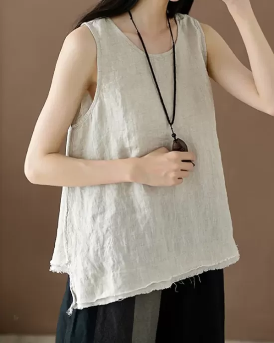 Fringed Solid Color Loose Sleeveless Round-Neck Vest Top