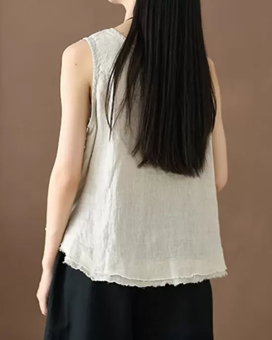 Fringed Solid Color Loose Sleeveless Round-Neck Vest Top