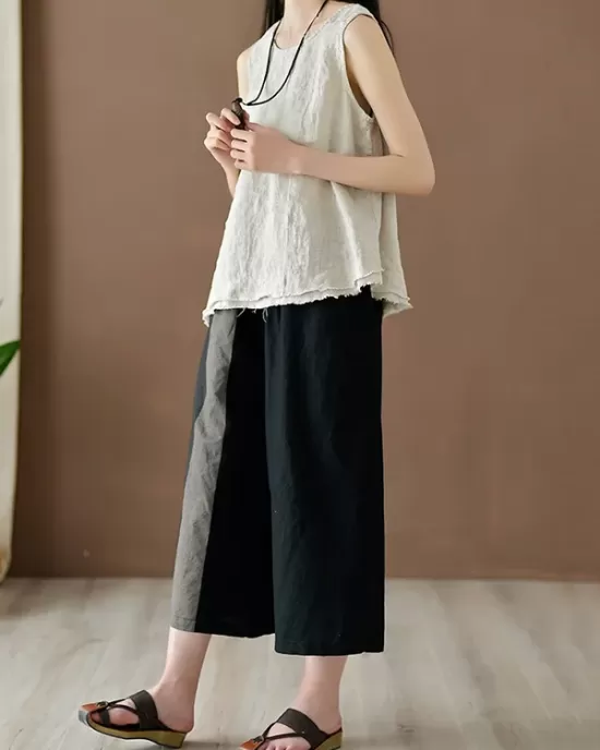 Fringed Solid Color Loose Sleeveless Round-Neck Vest Top