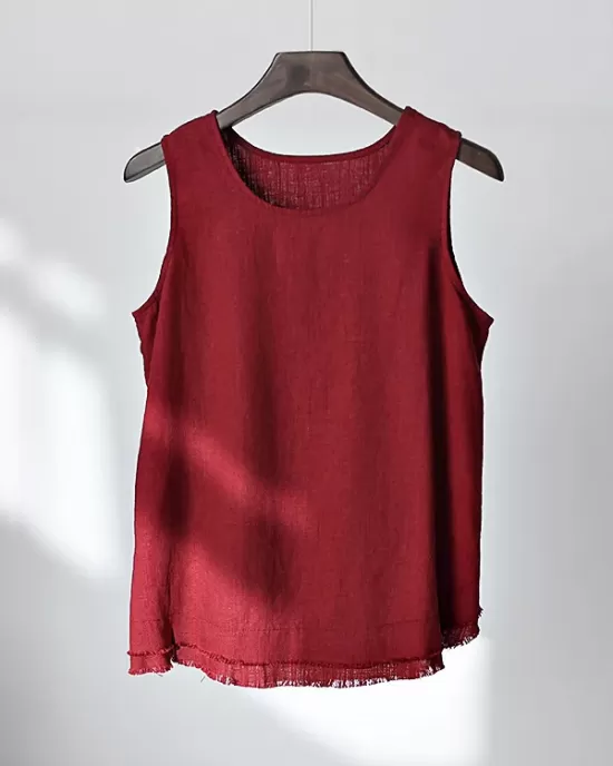 Fringed Solid Color Loose Sleeveless Round-Neck Vest Top