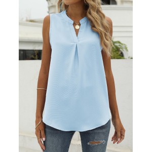 Pleated Solid Color Loose Sleeveless V-Neck Vest Top