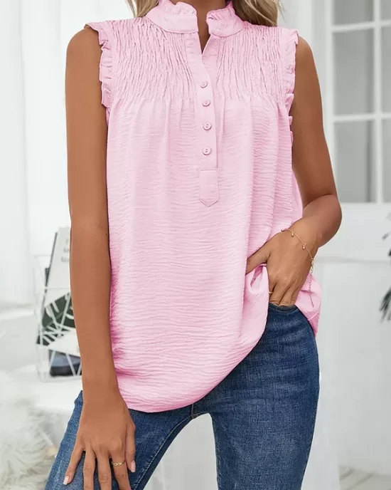 Pleated Solid Color Loose Sleeveless Stand Collar Vest Top