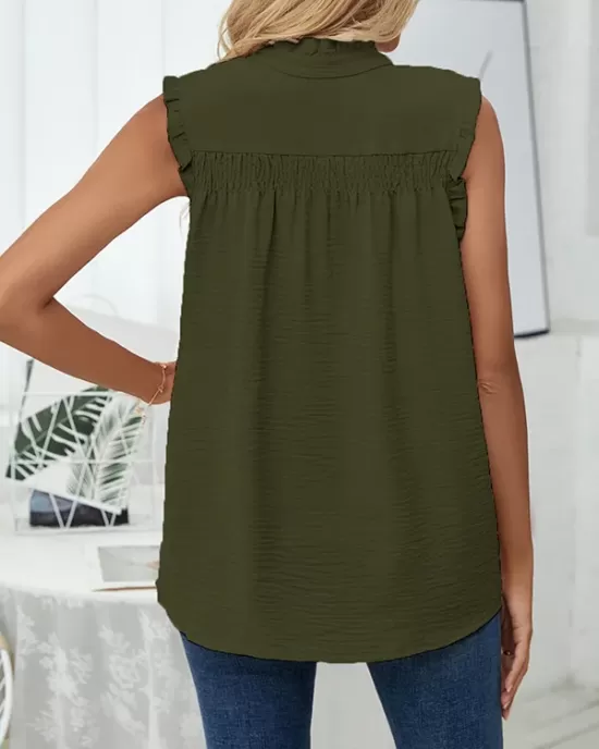 Pleated Solid Color Loose Sleeveless Stand Collar Vest Top