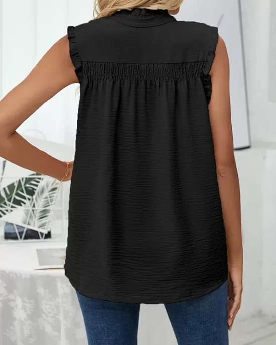 Pleated Solid Color Loose Sleeveless Stand Collar Vest Top