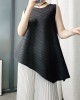 Pleated Solid Color Irregular Clipping Loose Round-Neck Vest Top