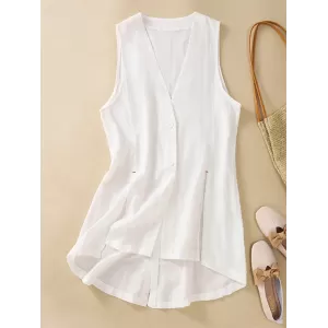 Buttoned Solid Color Loose Sleeveless V-neck Vest Top