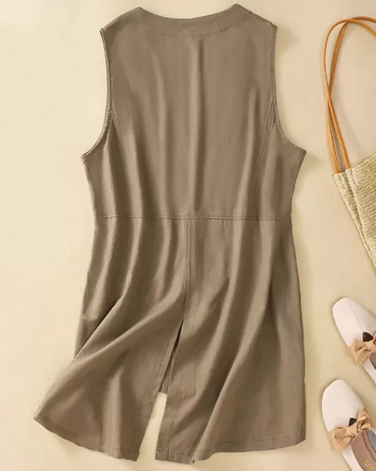 Buttoned Solid Color Loose Sleeveless V-neck Vest Top