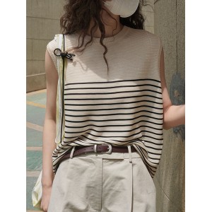 Striped Loose Sleeveless Round-neck Vest Top