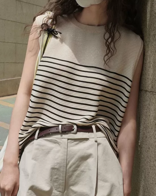 Striped Loose Sleeveless Round-neck Vest Top