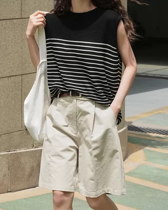 Striped Loose Sleeveless Round-neck Vest Top