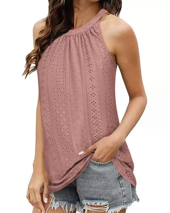 Hollow Solid Color Loose Sleeveless Round-Neck Vest Top