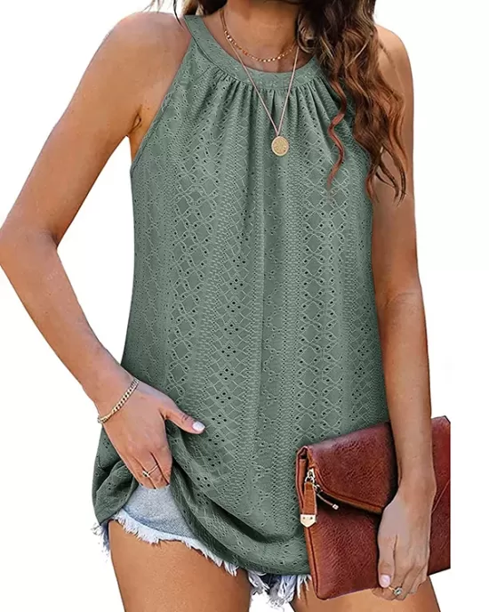 Hollow Solid Color Loose Sleeveless Round-Neck Vest Top