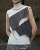 Asymmetric Color-Block Pleated Split-Joint Skinny Sleeveless High-Neck Vest Top