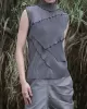 Asymmetric Color-Block Pleated Split-Joint Skinny Sleeveless High-Neck Vest Top