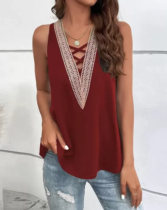 Hollow Split-Joint Loose Sleeveless V-Neck Vest Top