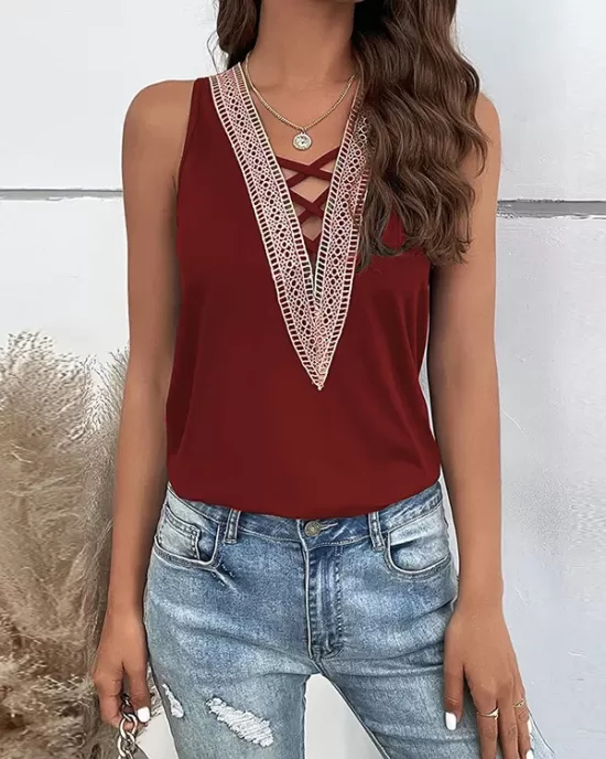 Hollow Split-Joint Loose Sleeveless V-Neck Vest Top