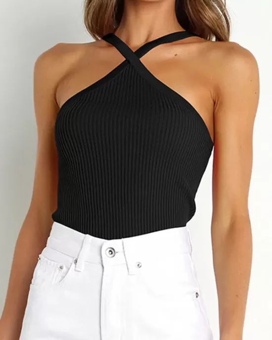 Solid Color Skinny Sleeveless Halter-Neck Vest Top