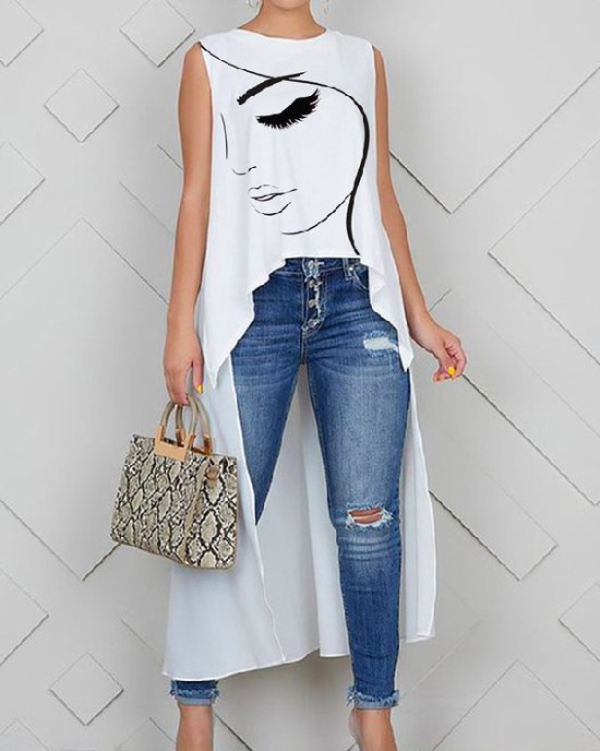 Figure Printed High-Low Sleeveless Round-Neck Vest Top