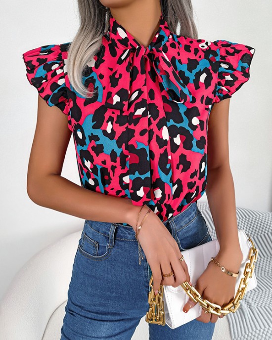 Leopard Cap Sleeve Loose Statement Collar Vest Top