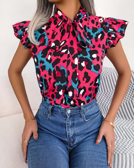 Leopard Cap Sleeve Loose Statement Collar Vest Top