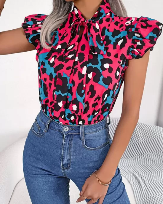 Leopard Cap Sleeve Loose Statement Collar Vest Top