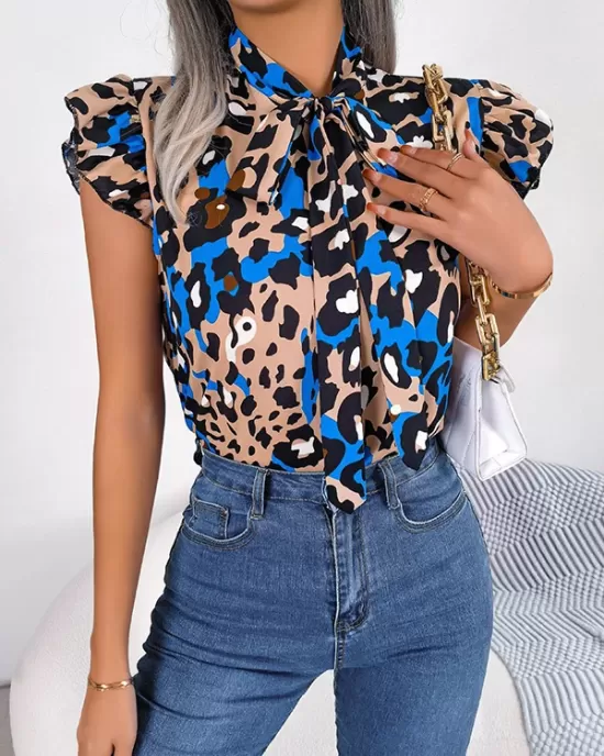 Leopard Cap Sleeve Loose Statement Collar Vest Top