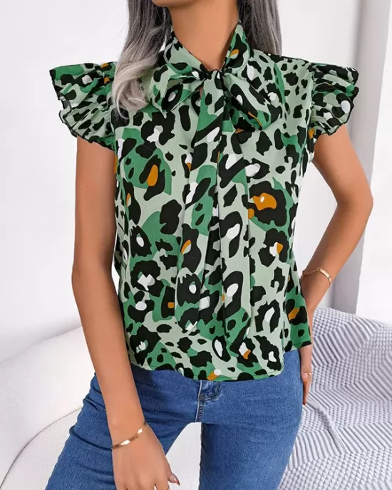 Leopard Cap Sleeve Loose Statement Collar Vest Top