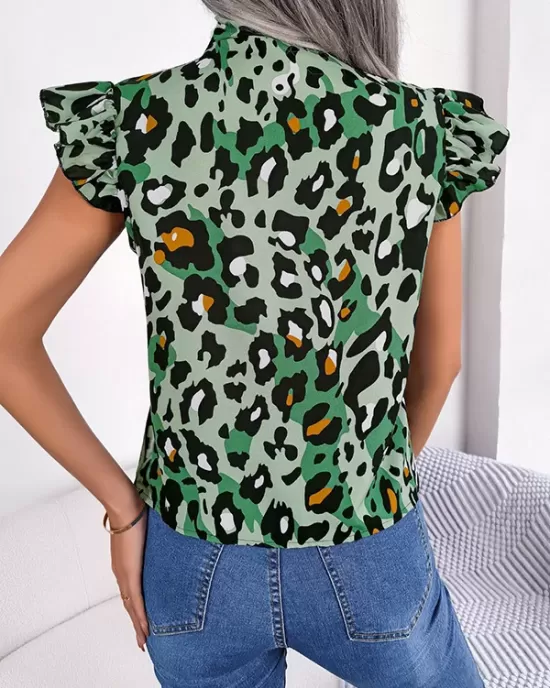 Leopard Cap Sleeve Loose Statement Collar Vest Top