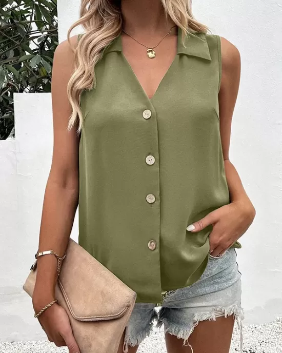 Buttoned Solid Color Split-Joint Loose Sleeveless V-neck Vest Top