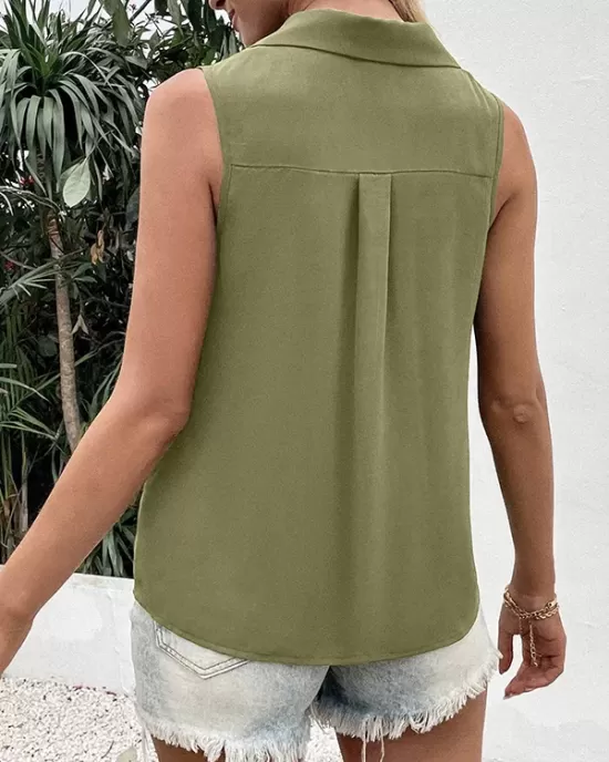 Buttoned Solid Color Split-Joint Loose Sleeveless V-neck Vest Top