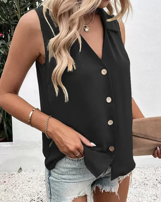 Buttoned Solid Color Split-Joint Loose Sleeveless V-neck Vest Top