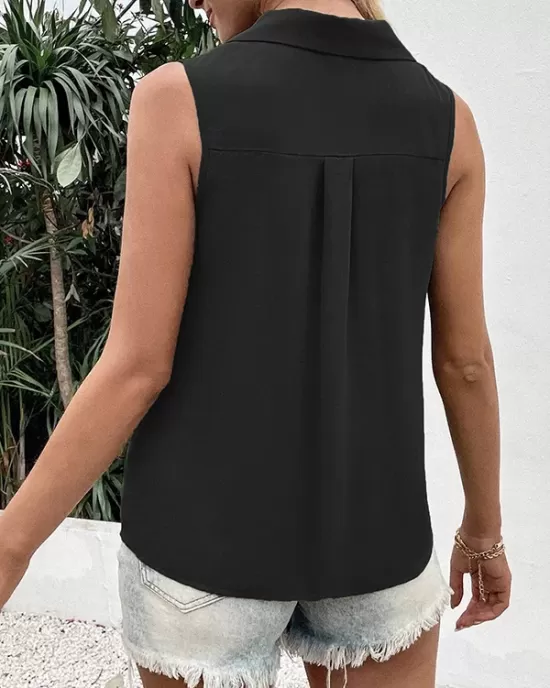 Buttoned Solid Color Split-Joint Loose Sleeveless V-neck Vest Top