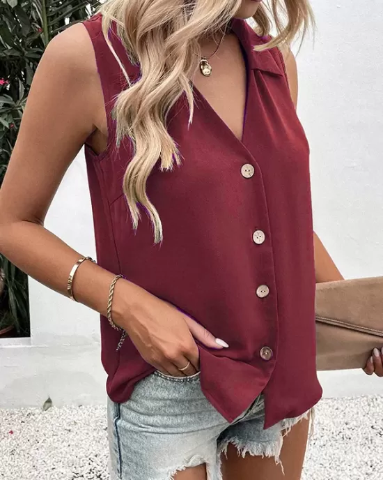 Buttoned Solid Color Split-Joint Loose Sleeveless V-neck Vest Top