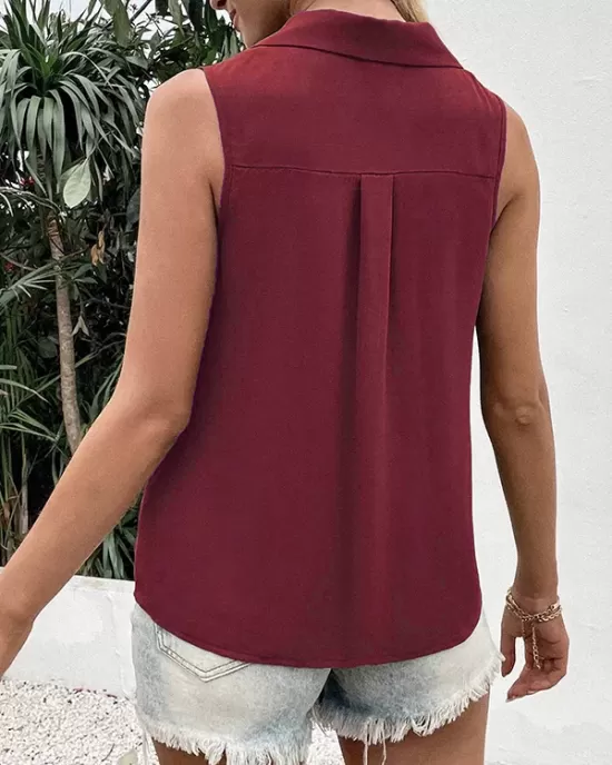 Buttoned Solid Color Split-Joint Loose Sleeveless V-neck Vest Top