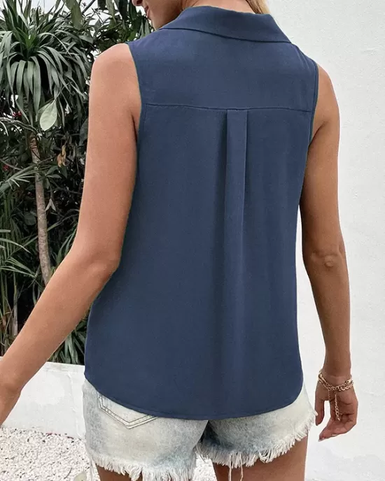 Buttoned Solid Color Split-Joint Loose Sleeveless V-neck Vest Top