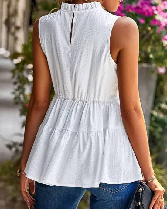 Sleeveless Pleated Printed Split-Joint Mock Neck Vest Top