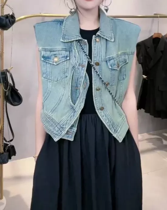 Asymmetric Buttoned Pockets Split-Joint Loose Sleeveless Lapel Collar Vest Outerwear