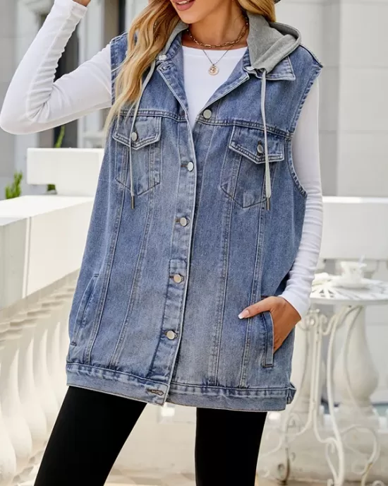 Buttoned Detachable Drawstring Hooded Pockets Split-Joint Loose Sleeveless Polo Vest Outerwear