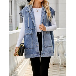 Buttoned Detachable Hooded Pockets Split-Joint Loose Sleeveless Lapel Collar Vest Outerwear