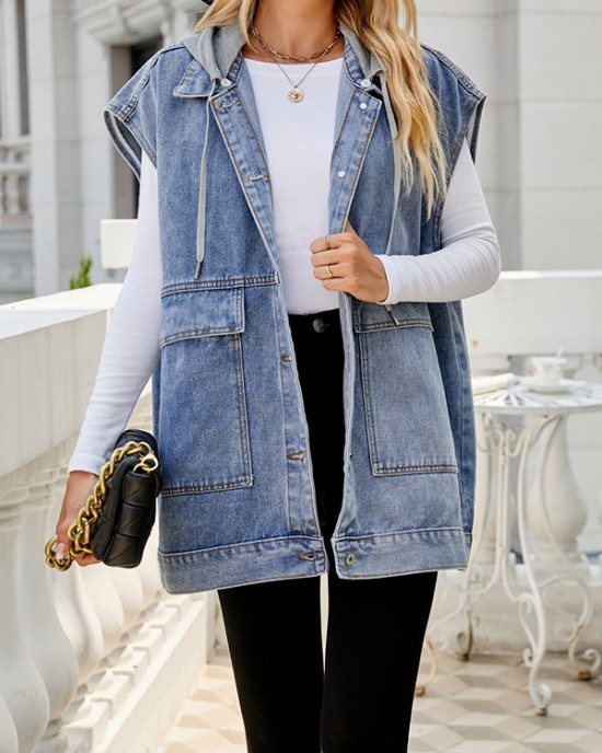 Buttoned Detachable Hooded Pockets Split-Joint Loose Sleeveless Lapel Collar Vest Outerwear