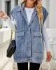 Buttoned Detachable Hooded Pockets Split-Joint Loose Sleeveless Lapel Collar Vest Outerwear