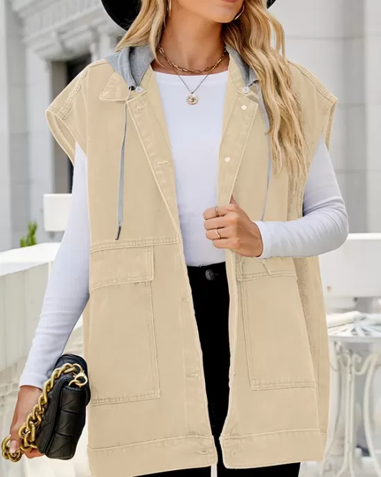 Buttoned Detachable Hooded Pockets Split-Joint Loose Sleeveless Lapel Collar Vest Outerwear