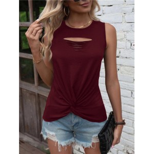 Hollow Knot Pleated Solid Color Sleeveless Round-Neck Vest Top