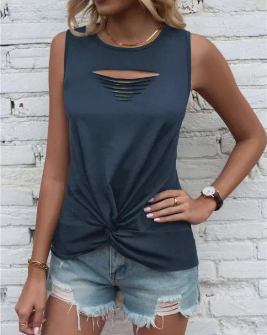 Hollow Knot Pleated Solid Color Sleeveless Round-Neck Vest Top