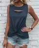 Hollow Knot Pleated Solid Color Sleeveless Round-Neck Vest Top