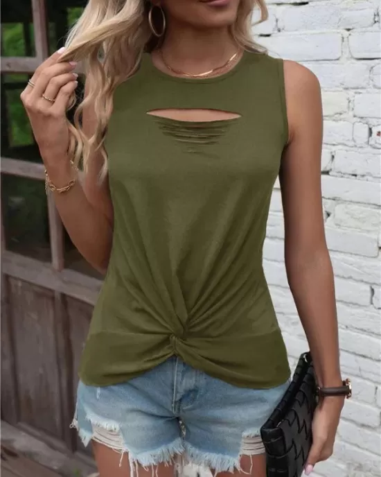 Hollow Knot Pleated Solid Color Sleeveless Round-Neck Vest Top