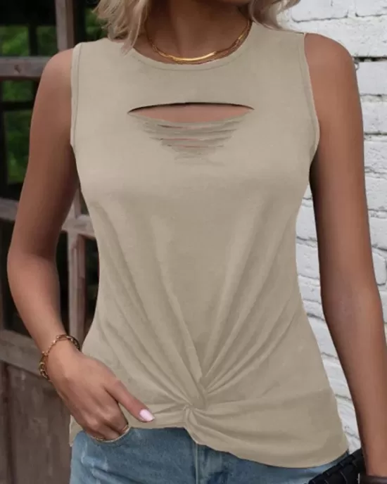 Hollow Knot Pleated Solid Color Sleeveless Round-Neck Vest Top