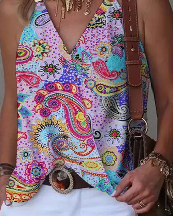 Printed Split-Joint Sleeveless V-Neck Vest Top