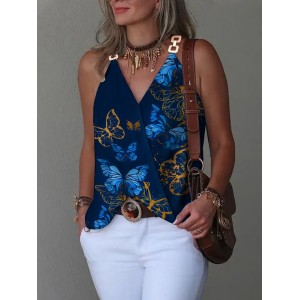 Butterfly Print Split-Joint Sleeveless V-Neck Vest Top