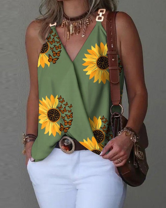 Flower Print Split-Joint Sleeveless V-Neck Vest Top